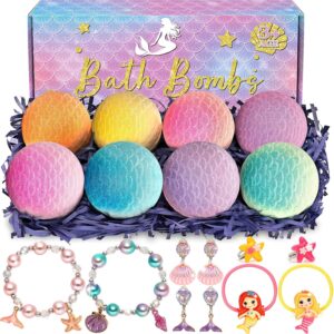 8 Packs Mermaid Bath Bombs for Kids Girls, Bubble Bath Bomb Kit with Surprise Toys Inside, Bath Toys for Kids Aged 4-8, Ideal Birthday Christmas Gifts Stocking Stuffers for Girls 3 4 5 6