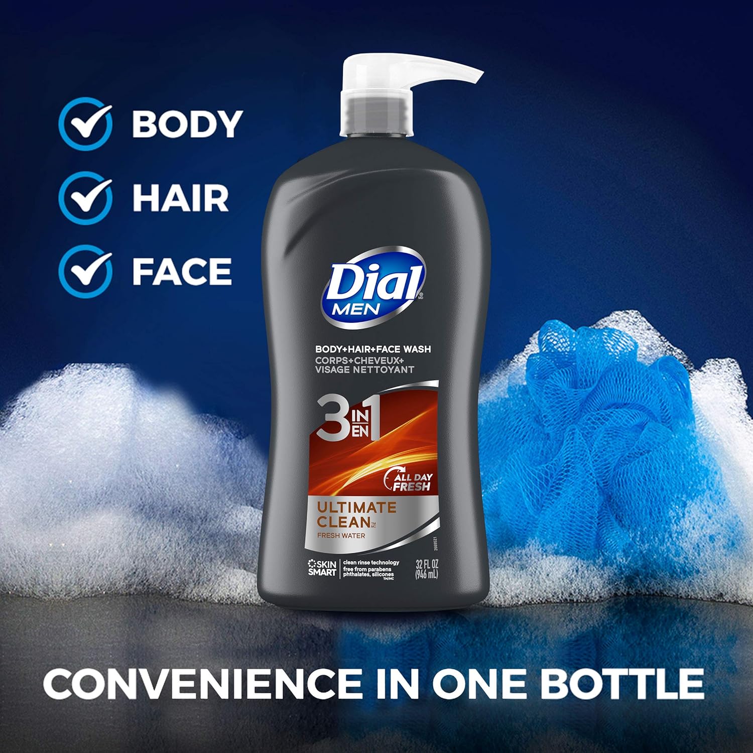 Dial Men 3in1 Body, Hair and Face Wash, Ultimate Clean, 32 Fl Oz - Image 3