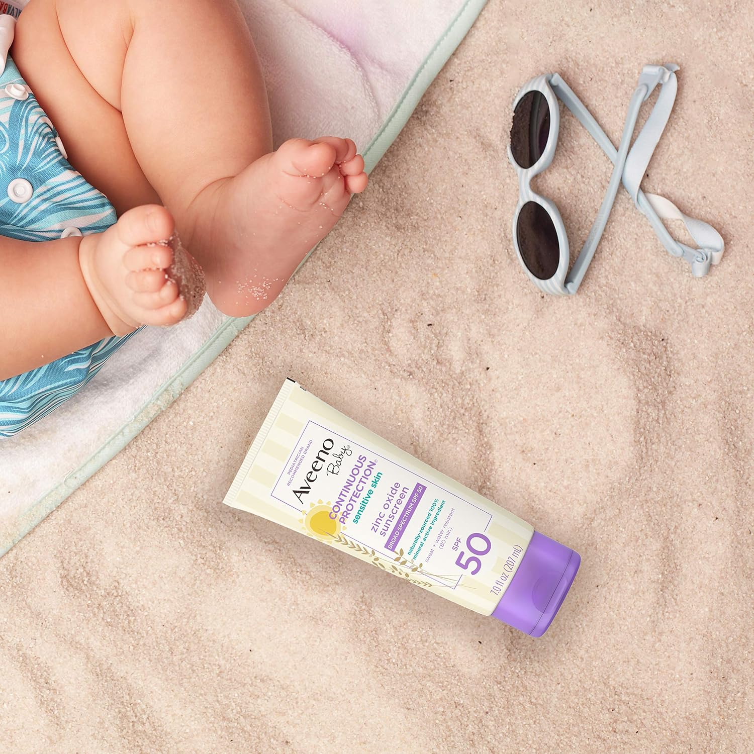 Aveeno Baby Continuous Protection Zinc Oxide Mineral Sunscreen Lotion for Sensitive Skin, Broad Spectrum SPF 50, Tear-Free, Sweat- & Water-Resistant, Paraben-Free, Non-Greasy, 7 fl. oz - Image 12
