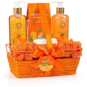 LOVERY Spa Gift Basket - Orange & Mango Scent - Luxury Mother's Day Gift - 7 Piece Bath & Body Set For Women & Men, Contains Shower Gel, Bubble Bath, Body Lotion, Bath Salt, 2 Poufs & Handmade Basket