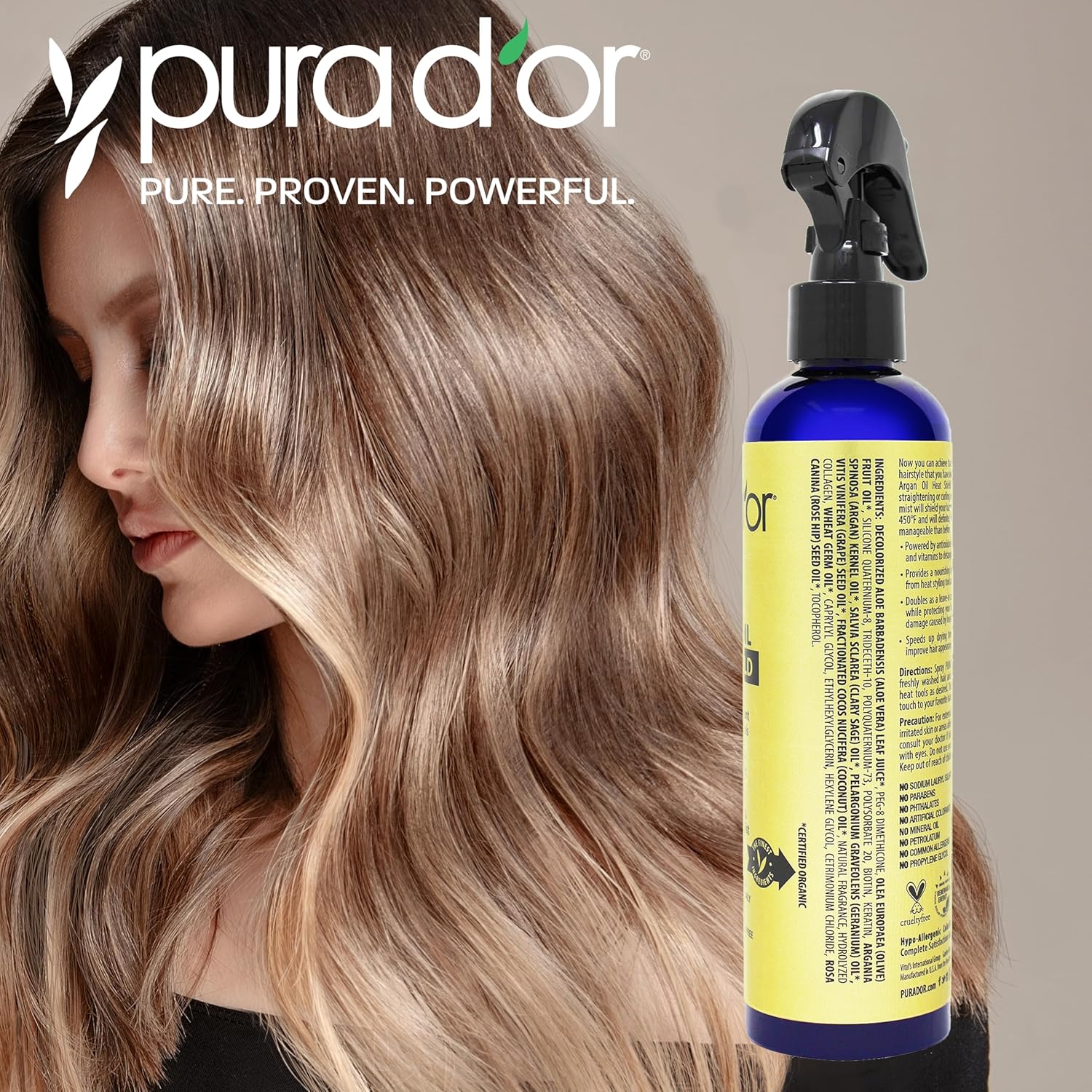 PURA D'OR 8 Oz Argan Oil Heat Shield Protectant Spray with Select Organic Ingredients, Protects Up To 450º F From Flat Iron & Hot Blow Dry, Leave-In, Define & Shine Dry & Damaged Hair - Image 4