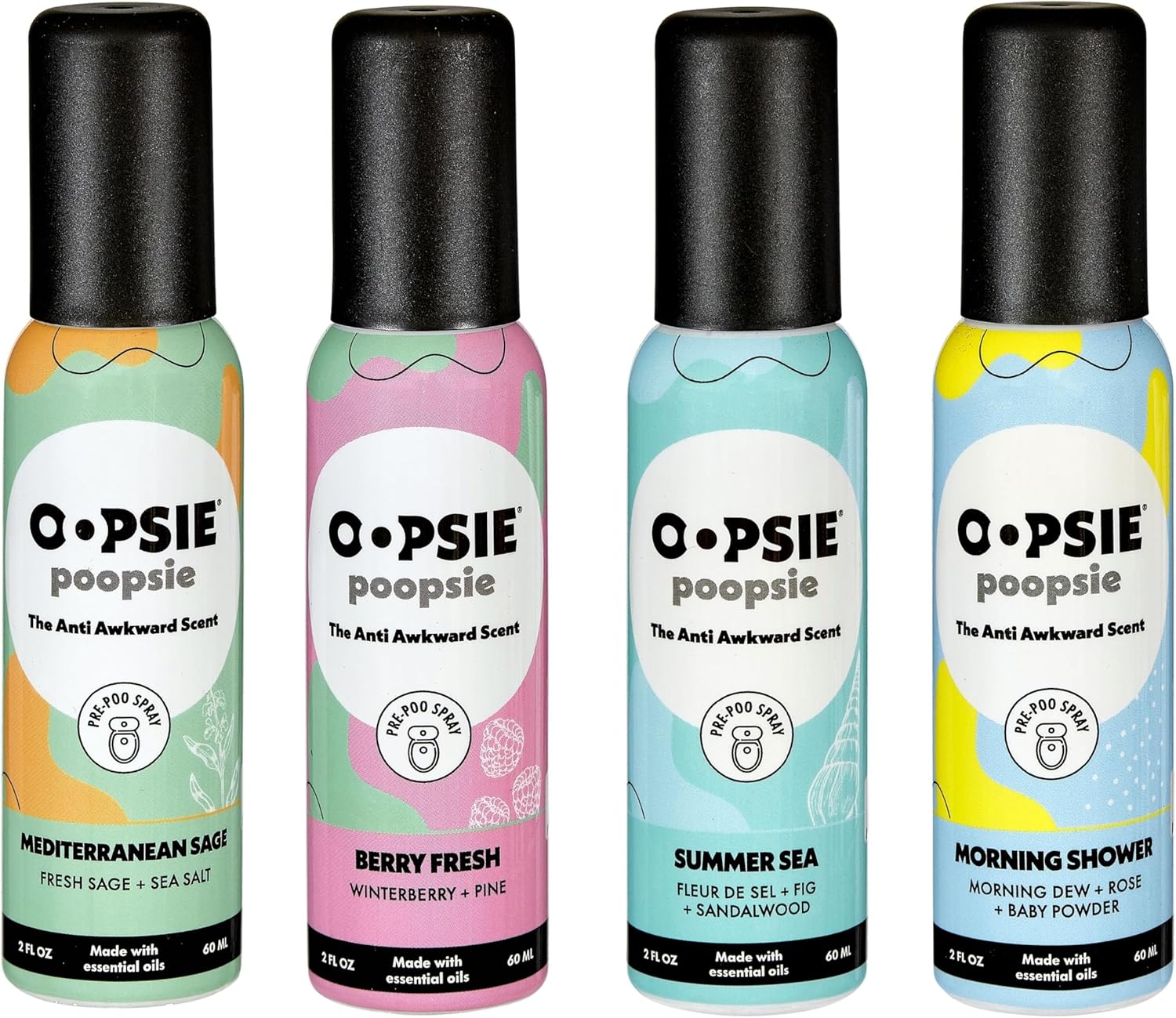 Pre Poop Spray - 4 Pack Natural Pre Poo Toilet Spray for Bathrooms, Trap Odors & Eliminate Embarrassment, 2oz Travel Size Pre Poo Air Freshener Spray (Variety 4-Pack)