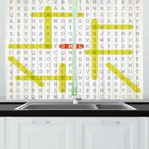 Ambesonne Word Search Puzzle Kitchen Curtains, Unified Modeling Language Word Puzzle with Highlighted Keywords, Window Drapes 2 Panel Set for Kitchen Cafe Decor, 55" x 39", Black Yellow Orange