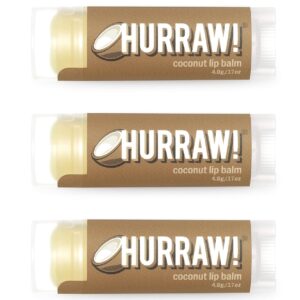 Hurraw! Coconut Lip Balm, 3 Pack: Organic, Certified Vegan, Cruelty and Gluten Free. Non-GMO, 100% Natural Ingredients. Bee, Shea, Soy and Palm Free. Made in USA