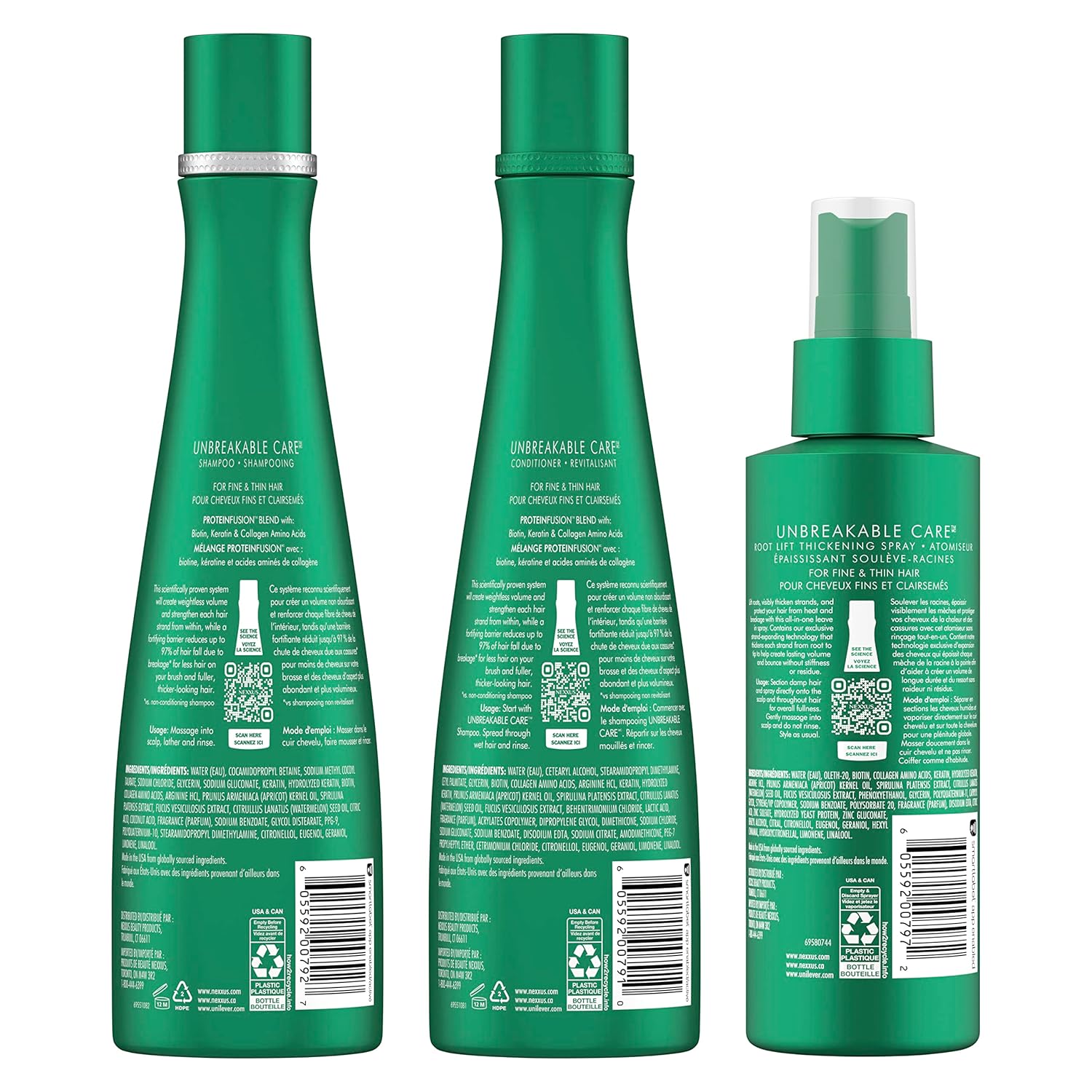 Nexxus Unbreakable Care Shampoo Conditioner and Leave-In Spray 3 Pack For Fine and Thin Hair with Keratin Collagen Biotin 13.5 oz 6 oz - Image 2