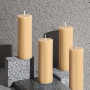Ribbed Pillar Candles 2x6'' Tall Fluted Column Modern Home Décor Soy Wax Handmade Unscented (4-Pack, Champagne Yellow), Aesthetic Decorative Textured Candle Set