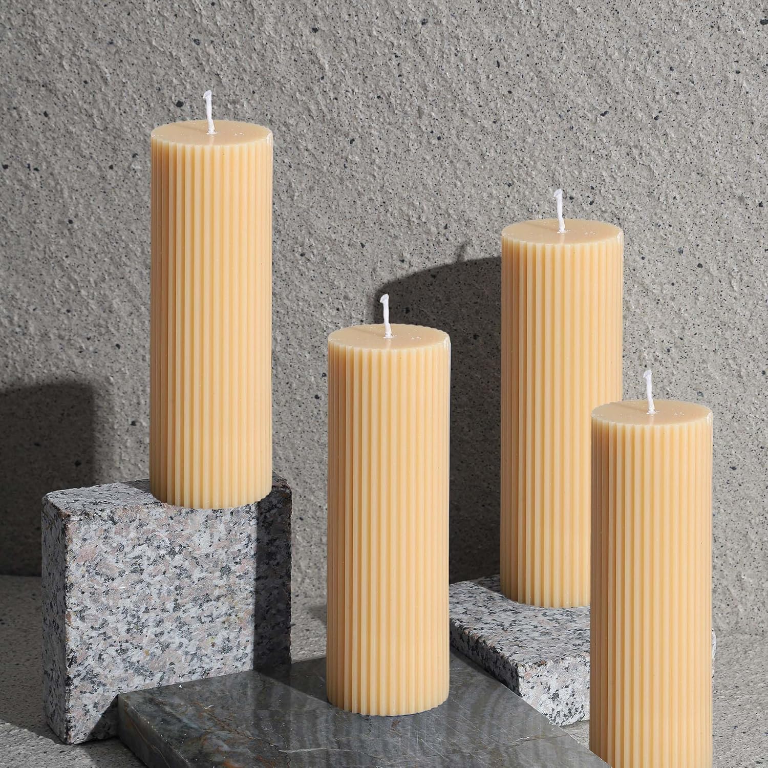 Ribbed Pillar Candles 2x6'' Tall Fluted Column Modern Home Décor Soy Wax Handmade Unscented (4-Pack, Champagne Yellow), Aesthetic Decorative Textured Candle Set