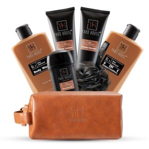 Luxury Mens Bath and Body Gift Set Basket For Him - Smoky Sandalwood - All Natural Skin Care Kit For Men w. Full Size Body Wash, Facial Scrub, Body Lotion, Deodorant in Leather Toiletry Bag