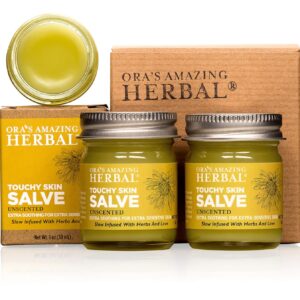 Touchy Skin Salve, Eczema Cream for Kids and Adults, Natural Sensitive Skin Treatment, Itch Cream, Calendula Ointment, Dry Skin Balm, Fragrance Free, Ora's Amazing Herbal, 1 oz Travel Size 2 pack