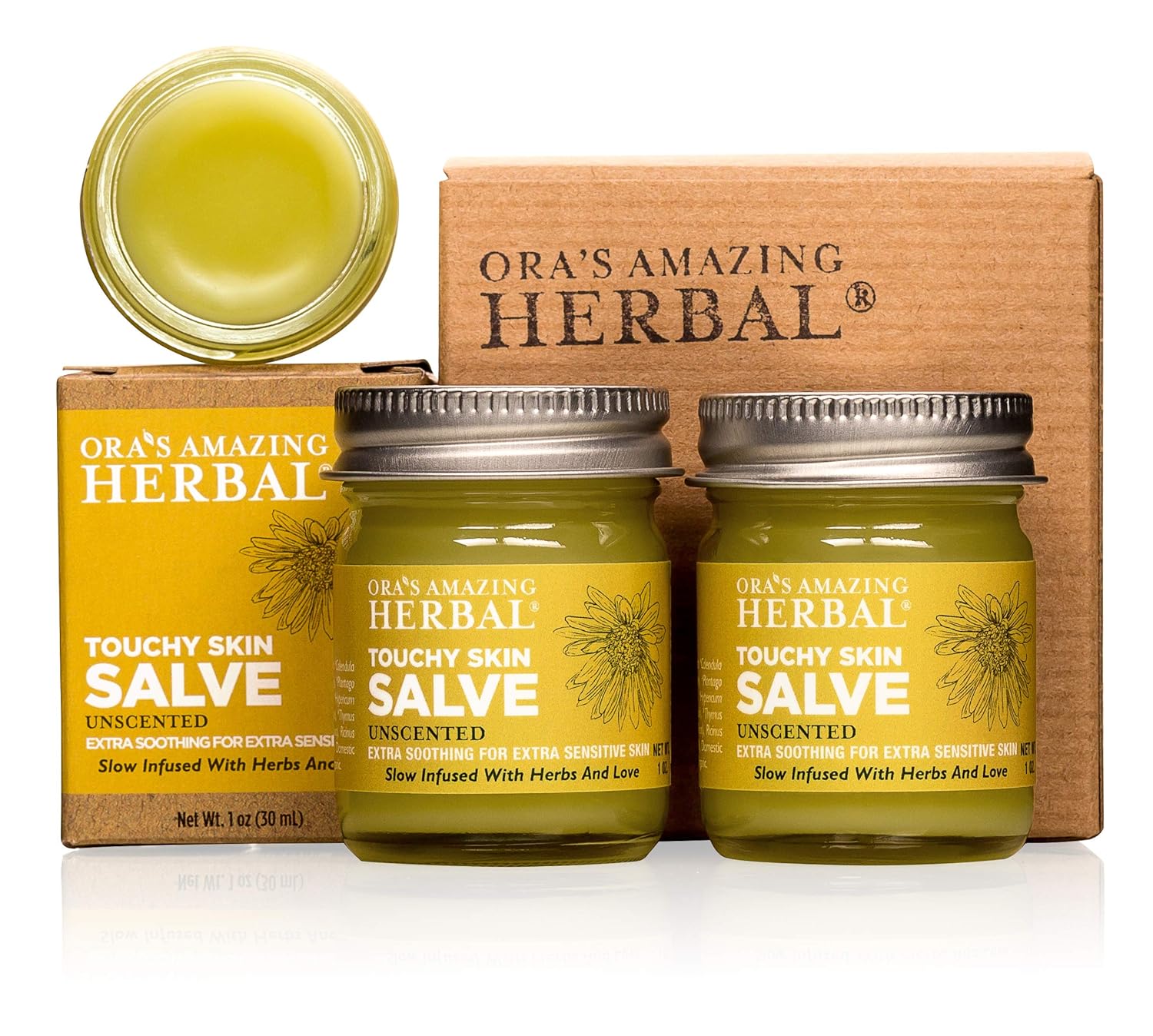 Touchy Skin Salve, Eczema Cream for Kids and Adults, Natural Sensitive Skin Treatment, Itch Cream, Calendula Ointment, Dry Skin Balm, Fragrance Free, Ora's Amazing Herbal, 1 oz Travel Size 2 pack