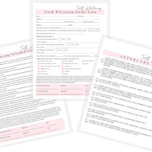 Teeth Whitening Consent Form, Intake Form, Aftercare Form | 75 Pack | 8.5x11 inch Paper Size Form | 25 Consent Forms, 25 Client Intake Forms, 25 Teeth Whitening Aftercare Forms
