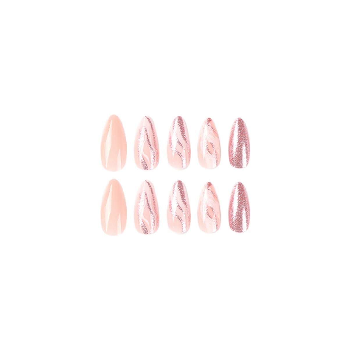 Medium Almond Press-On Nails Pink White Marble Glitter - Set of 24 - Image 2
