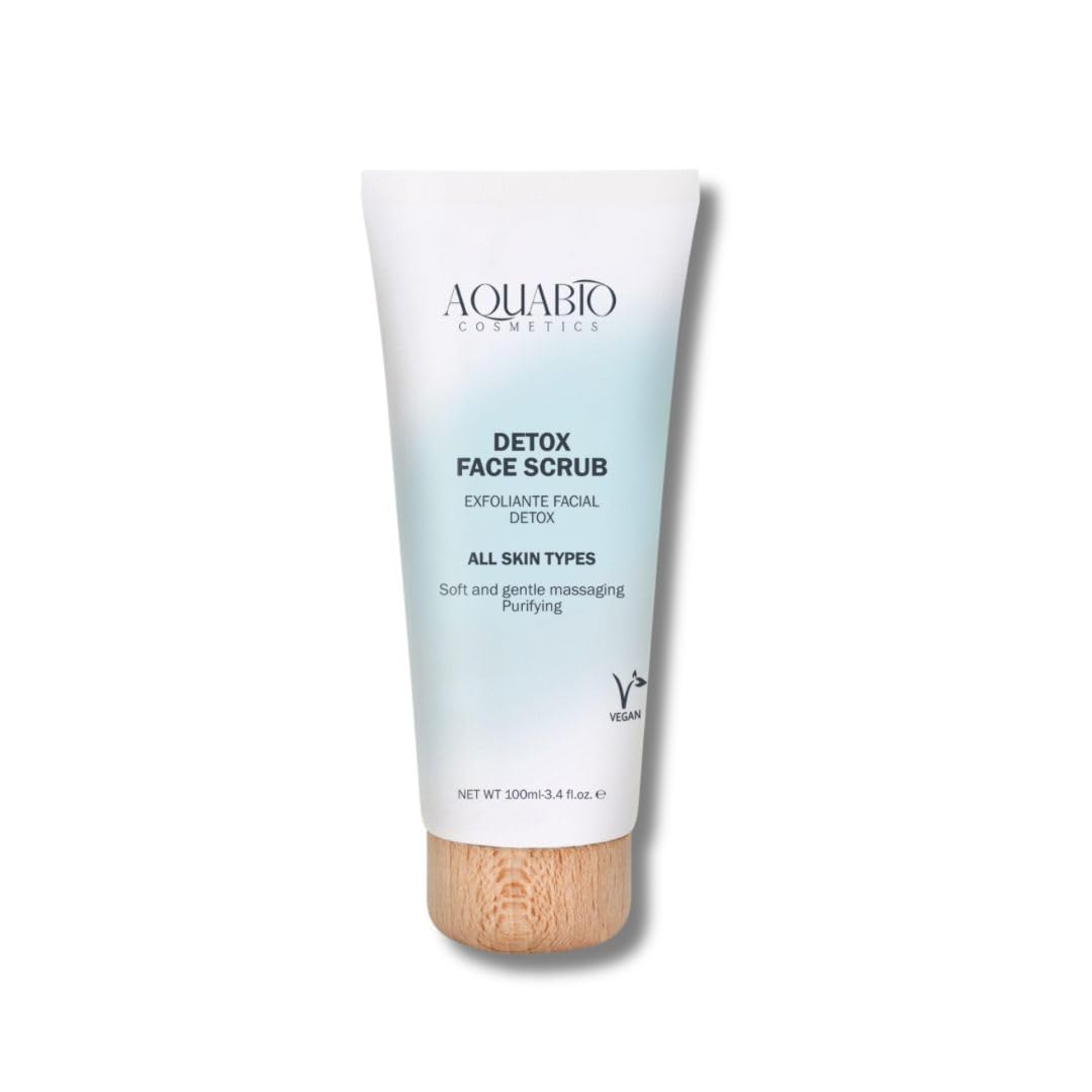AquaBio Organic Vegan Gentle AHA Hydrating Detox Exfoliating Face Scrub. Infused with Shea Butter, Sweet Almond, Pomegranate, Apricot Seed, 99.69% Natural Farming - Made in Spain 3.4 Oz
