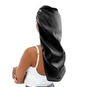 XL Satin Hair Bonnet for Women, Double-Layer Elastic Night Sleeping Cap with Tie Band for Braids/Curly/Long Hair - Black