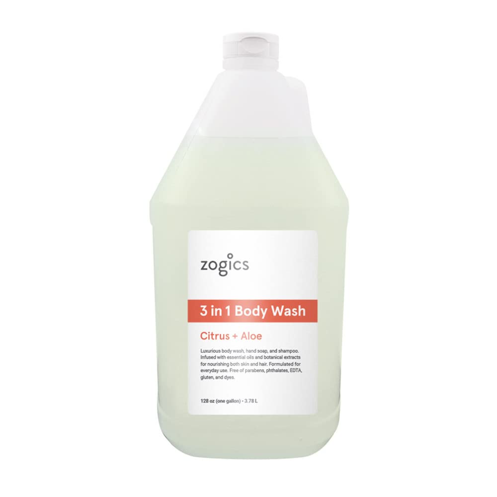 Zogics 3-in-1 Body Wash โ Body Soap, Shampoo, and Hand Soap Liquid Refill All-in-One, Hydrating Plant-Based Formula, Refreshing Citrus + Aloe Scent (1 Gallon)