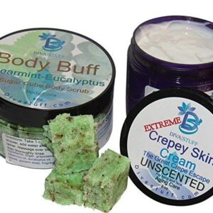 Extreme Crepey Skin Body & Face Cream(unscented) & Exfoliating Sugar Scrub (spearmint eucalyptus) Set, With Hyaluronic Acid, Alpha Hydroxy and More