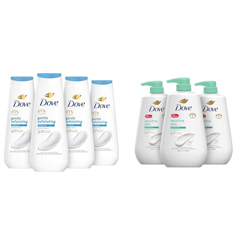 Dove Body Wash Gentle Exfoliating With Sea Minerals 4 Count and Sensitive Skin Hypoallergenic Paraben-Free Body Wash 30.6 fl oz (Pack of 3)
