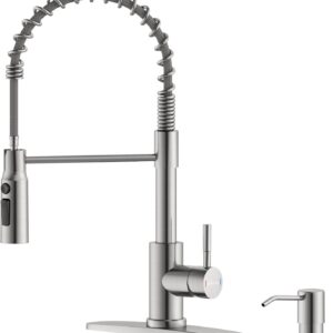 APPASO Kitchen Faucet with Pull Down Sprayer and Soap Dispenser, Spring Sink Faucet High Arc Single Handle Stainless Steel, 3 or 4 Hole Brushed Nickel, Easy Install for Kitchen RV Bathroom Bar