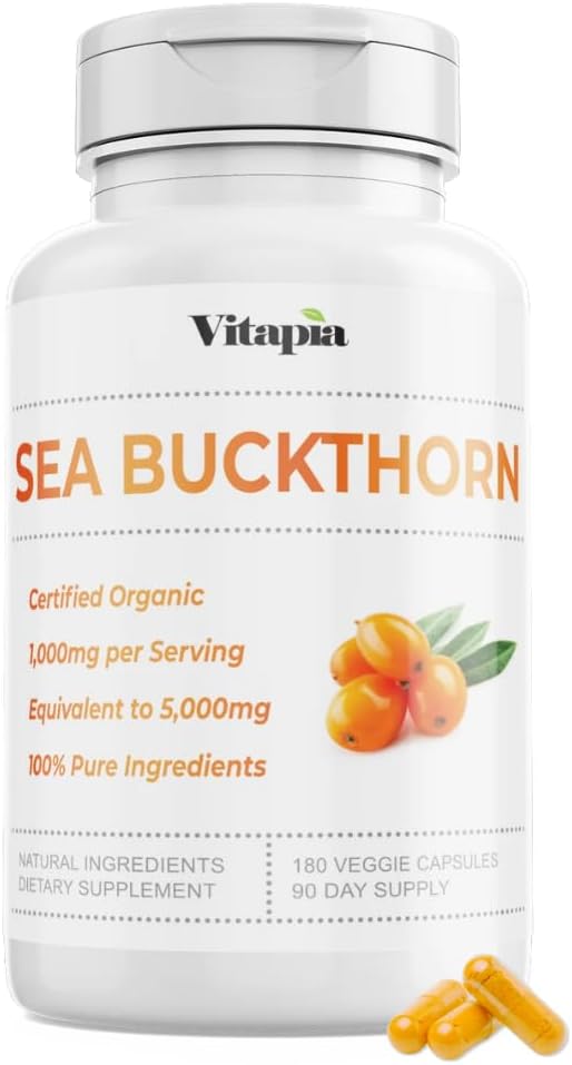 Organic Sea Buckthorn Extract Capsules with Natural Omega 7 & Omega 3 6 9 for Heart Health, Skin, Immune Support - 5:1 Ratio & 180 Veggie Capsules - Non-GMO, Gluten-Free, Vegan-Friendly
