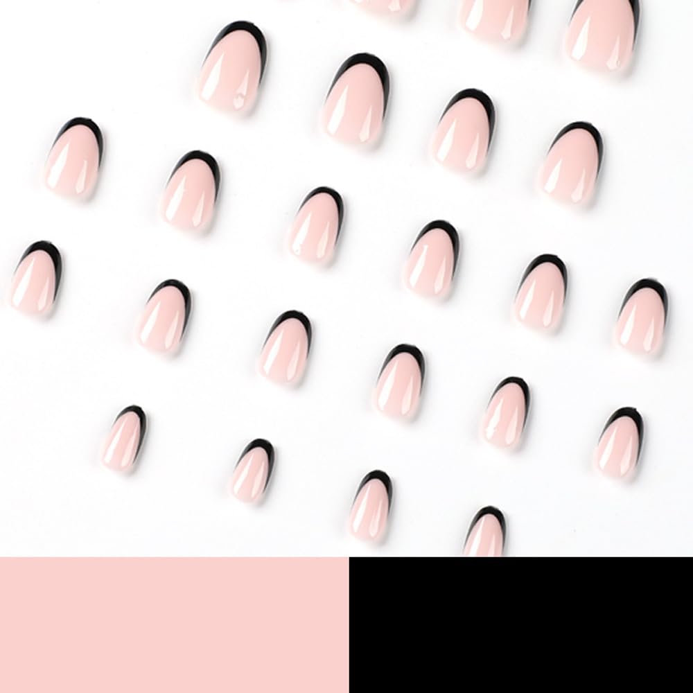 Short Almond Black French Tip Press On Nails Set with Acrylic Glue Gel Designs for Women and Girls - Image 3