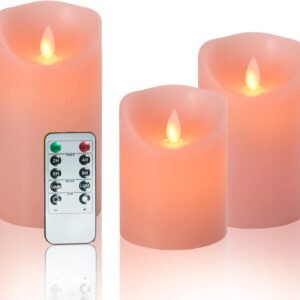 Flameless LED Battery Operated Flickering Candles: 4" 5" 6" Set of 3 Pink Real Wax Pillar Dancing Flame 10-Key Remote Control Candle Lights 300Hours For Holiday,Gifts, Thanksgiving, Christmas, Wedding