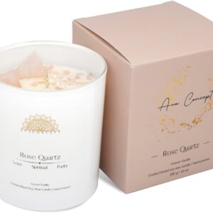 Healing Crystal Candle, French Vanilla Scented Rose Quartz Candle in 10 oz Jar - Natural Crystal for Love and Healing - Elegant Home Decor and Gift Idea