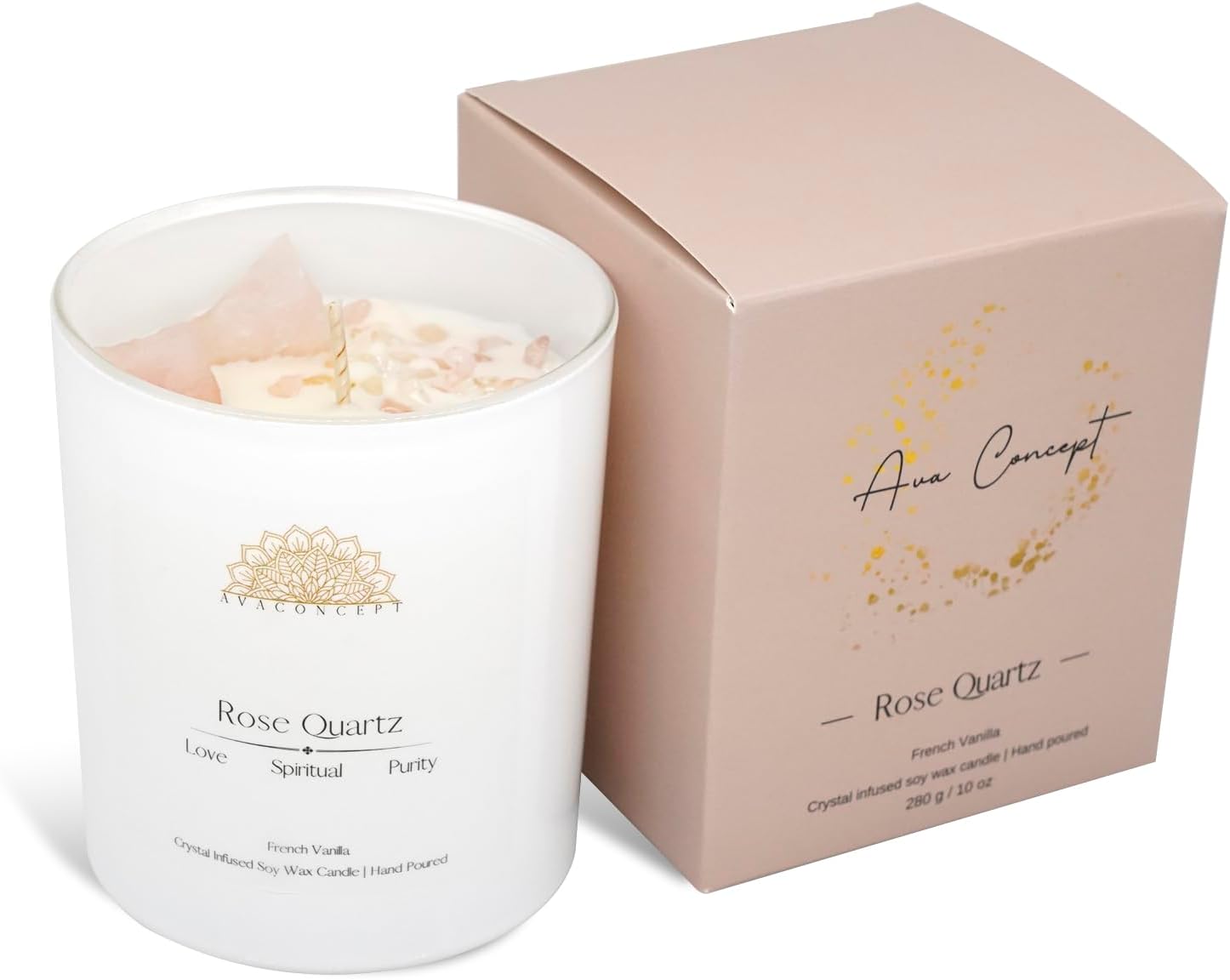 Healing Crystal Candle, French Vanilla Scented Rose Quartz Candle in 10 oz Jar - Natural Crystal for Love and Healing - Elegant Home Decor and Gift Idea