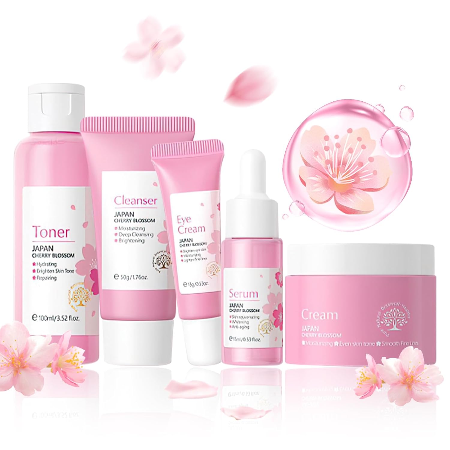 Skin Care Set, Cherry Blossom Skin Care Sets & Kits, Skin Care for Teenage Girls Gift Set with Cleanser, Toner, Serum, Eye Cream, Facial Cream, Facial Skin Care Sets & Kits for Teenage Girls Women