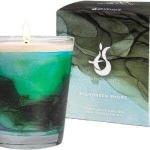 Evergreen Shore Art-Inspired Scented Candle | 10.5oz Soy Coconut Wax Blend | 60-Hour Burn | Premium Mountain Forest & Fresh Air Scent | Signature Artistic Glass Vessel | Unique Gift | Made in The USA