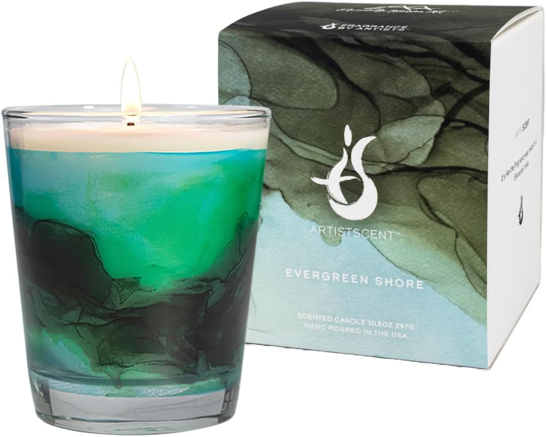 Evergreen Shore Art-Inspired Scented Candle | 10.5oz Soy Coconut Wax Blend | 60-Hour Burn | Premium Mountain Forest & Fresh Air Scent | Signature Artistic Glass Vessel | Unique Gift | Made in The USA