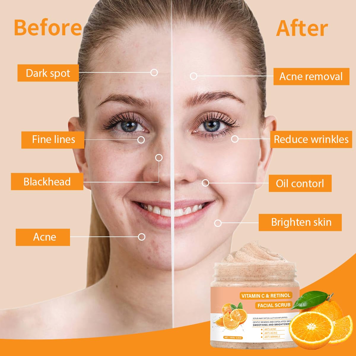 Gentle Vitamin C Retinol Aloe Vera Exfoliating Face Scrub, 6 oz Deep Cleansing Cream - Image 2