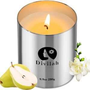 English Pear&Freesia Scented Candles, 65 Hour Long Lasting Non Toxic Natural Soy Wax in Silver Aluminum Jar, Luxury Large Home Decorative Scented Candle, Aromatherapy Gift for Women, Men,9.9oz