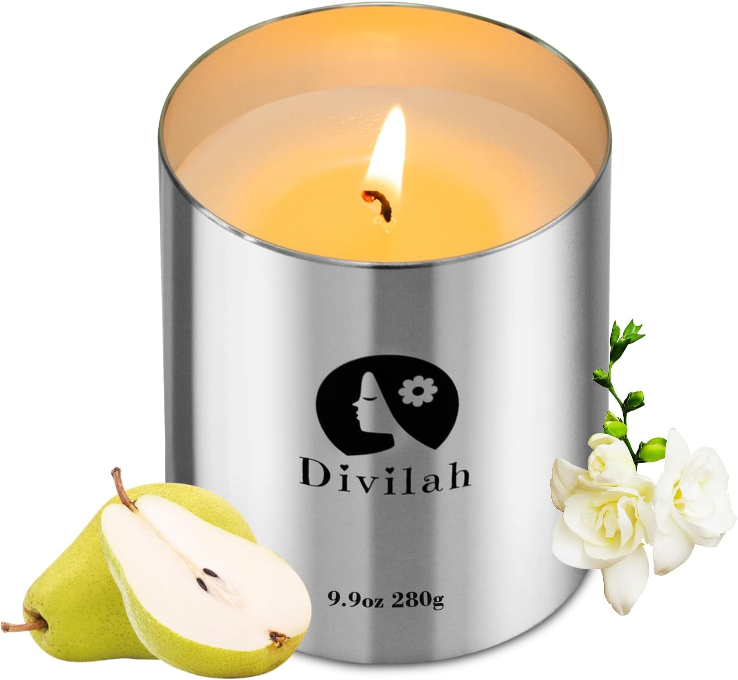 English Pear&Freesia Scented Candles, 65 Hour Long Lasting Non Toxic Natural Soy Wax in Silver Aluminum Jar, Luxury Large Home Decorative Scented Candle, Aromatherapy Gift for Women, Men,9.9oz