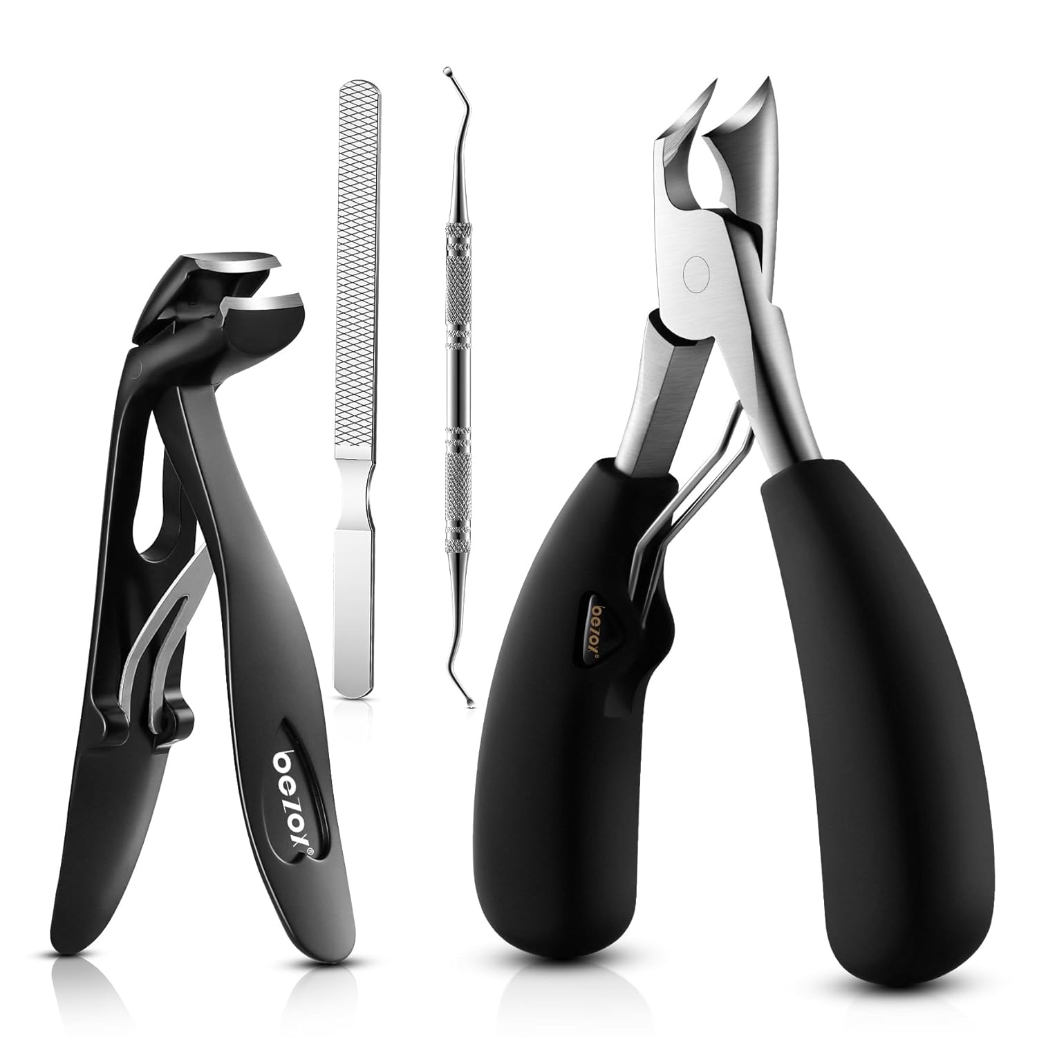 BEZOX Toenail Clipper Kit 4PCS Nail Care Set for Ingrown Toenails β Curved Head Toe Nail Clippers for Seniors for Thick Nails, Thick Fingernail Clippers, Long Nail File & Dual-Ended Lifter - Black