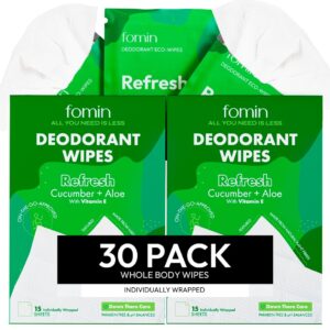FOMIN Travel Deodorant Wipes - 30 Count - Cucumber and Aloe pH Balanced, Hypoallergenic Mini Deodorant Wipes For Women and Men - Plastic-Free, Individually Wrapped Underarm & Body Wipes