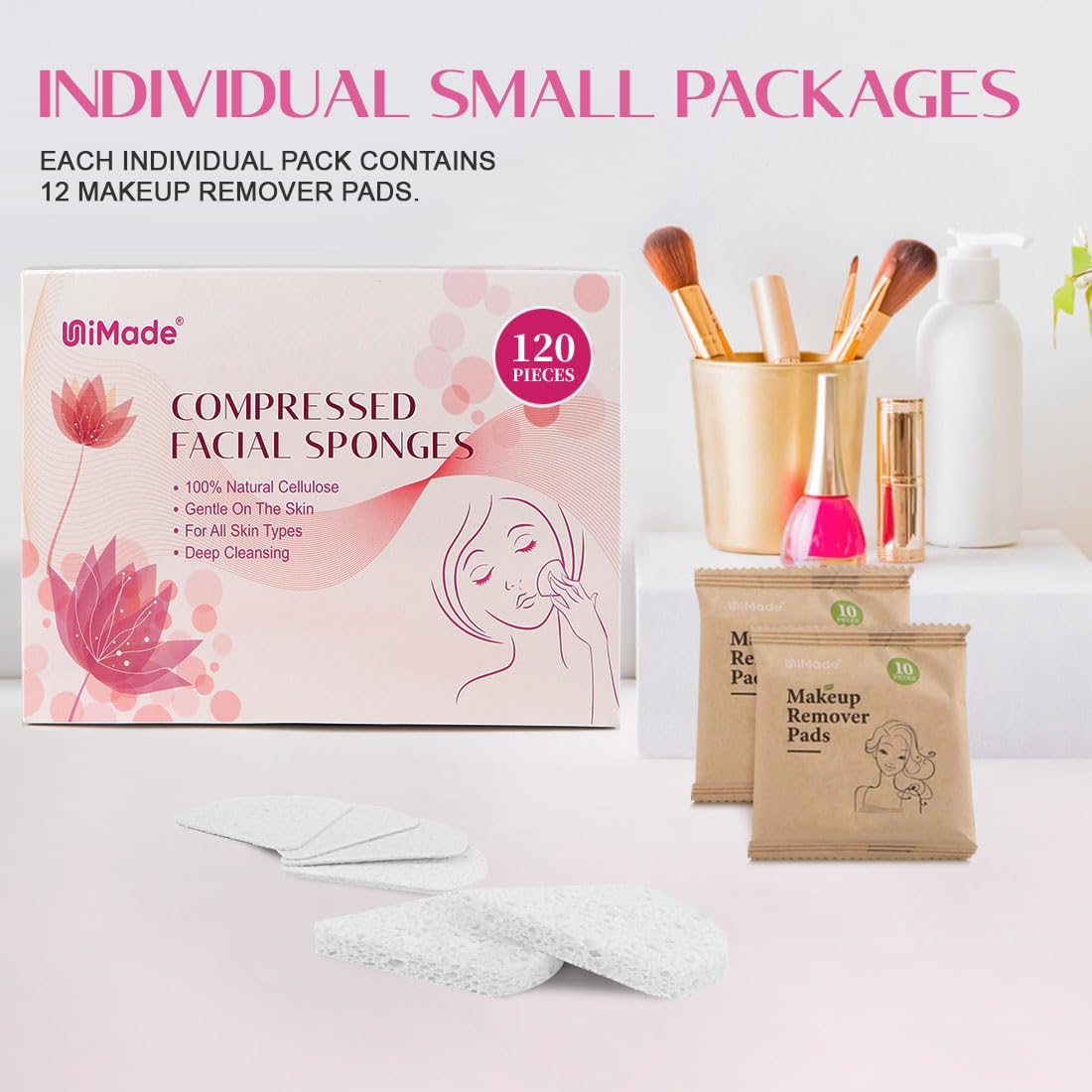 120-Count Compressed Facial Sponges, Face Sponges for Cleansing, 100% Natural Cellulose Cosmetic Spa Scrub for Makeup Removal, Exfoliating Mask, Skin Massage - White - Image 5