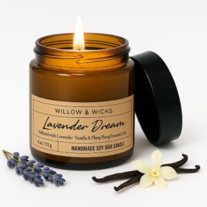 Lavender Dreams Scented Candle | 4oz Soy Wax Candle for Sleep & Relaxation | Handmade Aromatherapy Candle with Lavender, Vanilla & Ylang Ylang | Willow & Wicks (4oz)