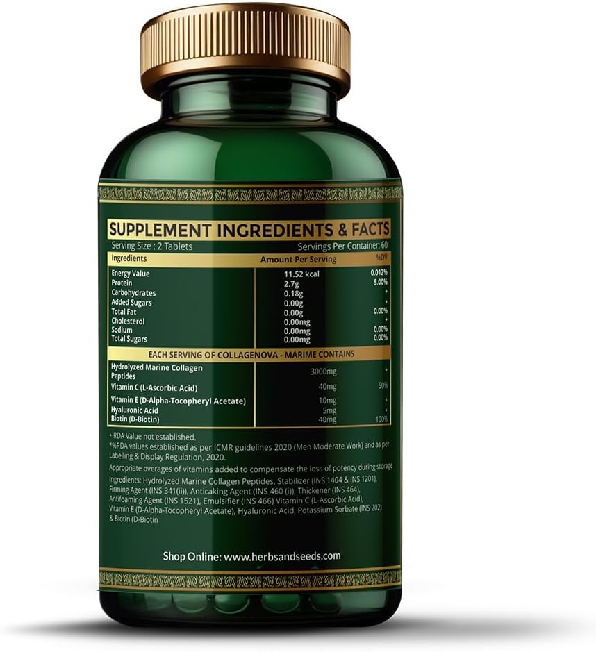 HERBS & SEEDS Marine Collagen Supplement Tablets Hydrolysed Collagen Peptides Supplement Enriched with Biotin Vitamin C Vitamin E for Hair Skin & Nails - 120 Tablets - Image 2