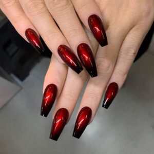 Ombre Red Black Press on Nails Coffin Medium Long Glue on Nails with Ombre Designs Manicure Full Cover Pressons Fake Nails Gel Classy False Nails for Wedding Acrylic Stick on Nails for Women