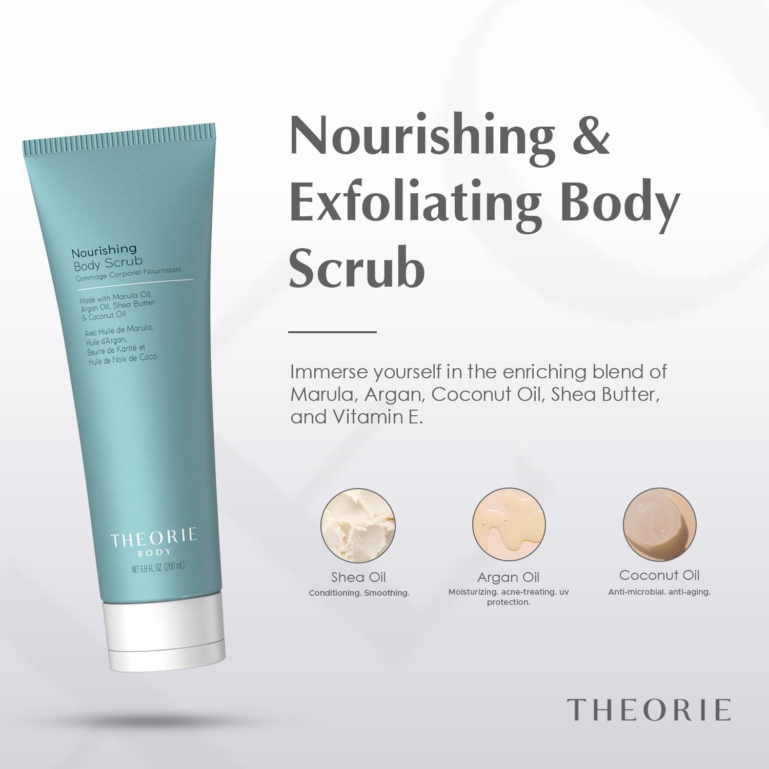Theorie Nourishing Exfoliating Body Scrub 200mL Tube with Marula, Argan, Coconut Oil, Shea Butter, Vegan, Cruelty Free - Image 2