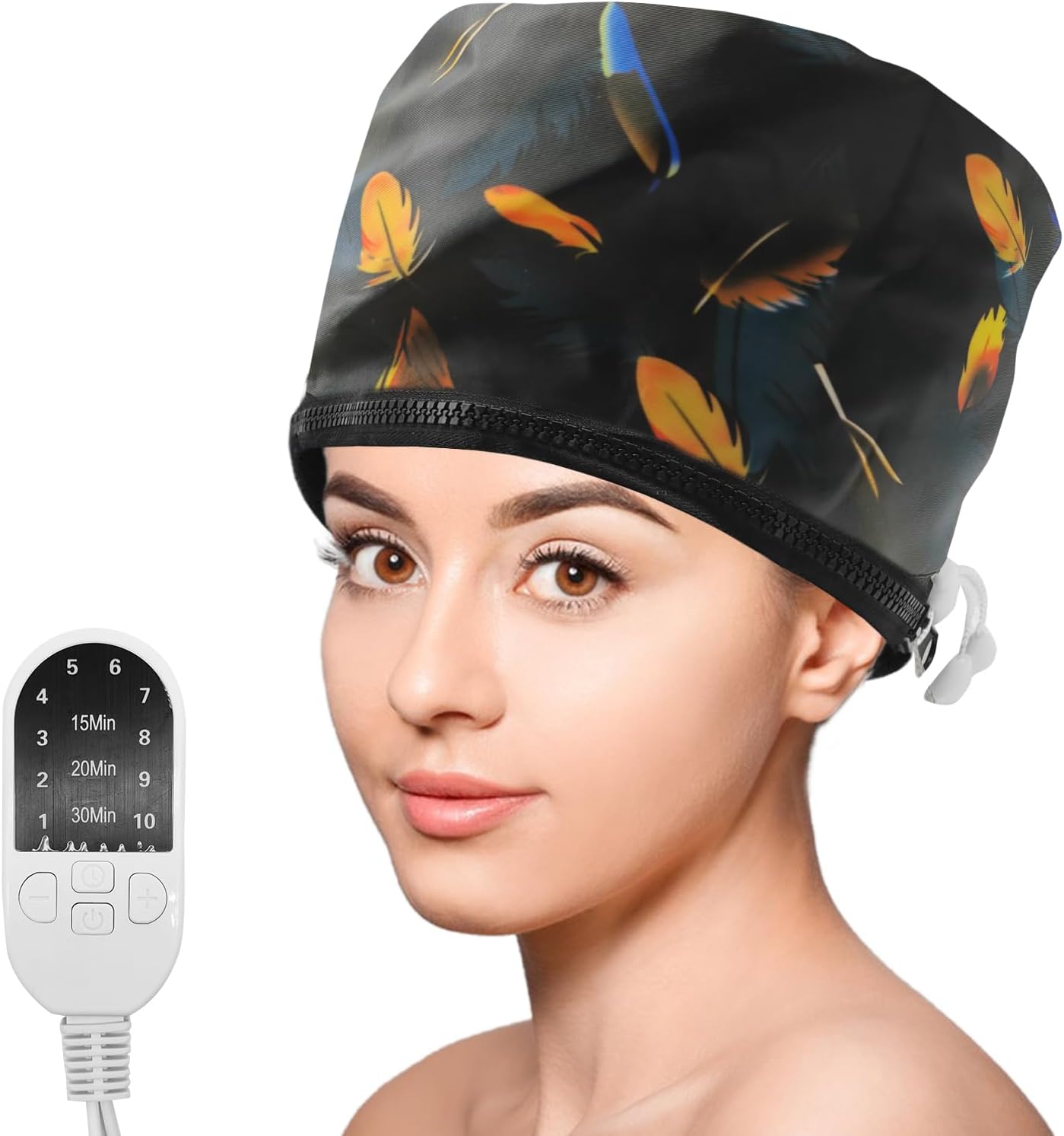 Hair Steamer Cap, Portable Hair Care Hat with 10 Mode Temperature Control, 110V Electric Heating Cap for Hair SPA Beauty Steamer Nourishing Hat Hair Thermal Treatment Cap (Black Feather)