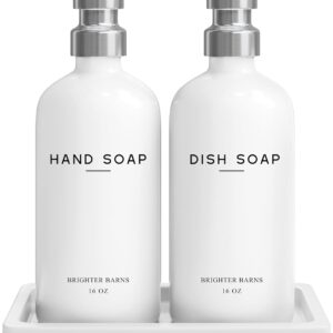 White Glass Hand and Dish Soap Dispenser Set by Brighter Barns - Kitchen Soap Dispenser Set with Tray & Pump for Office, Hotel, Vacation Rental, Airbnb - Modern Kitchen Decor & Accessories (White)
