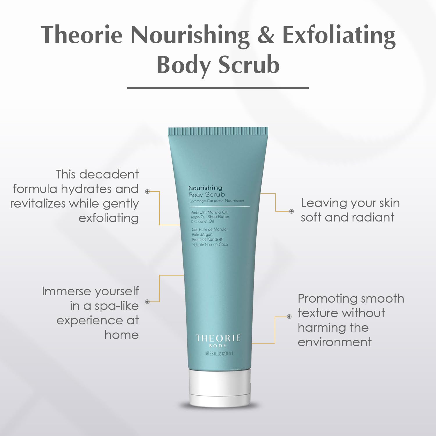 Theorie Nourishing Exfoliating Body Scrub 200mL Tube with Marula, Argan, Coconut Oil, Shea Butter, Vegan, Cruelty Free - Image 3