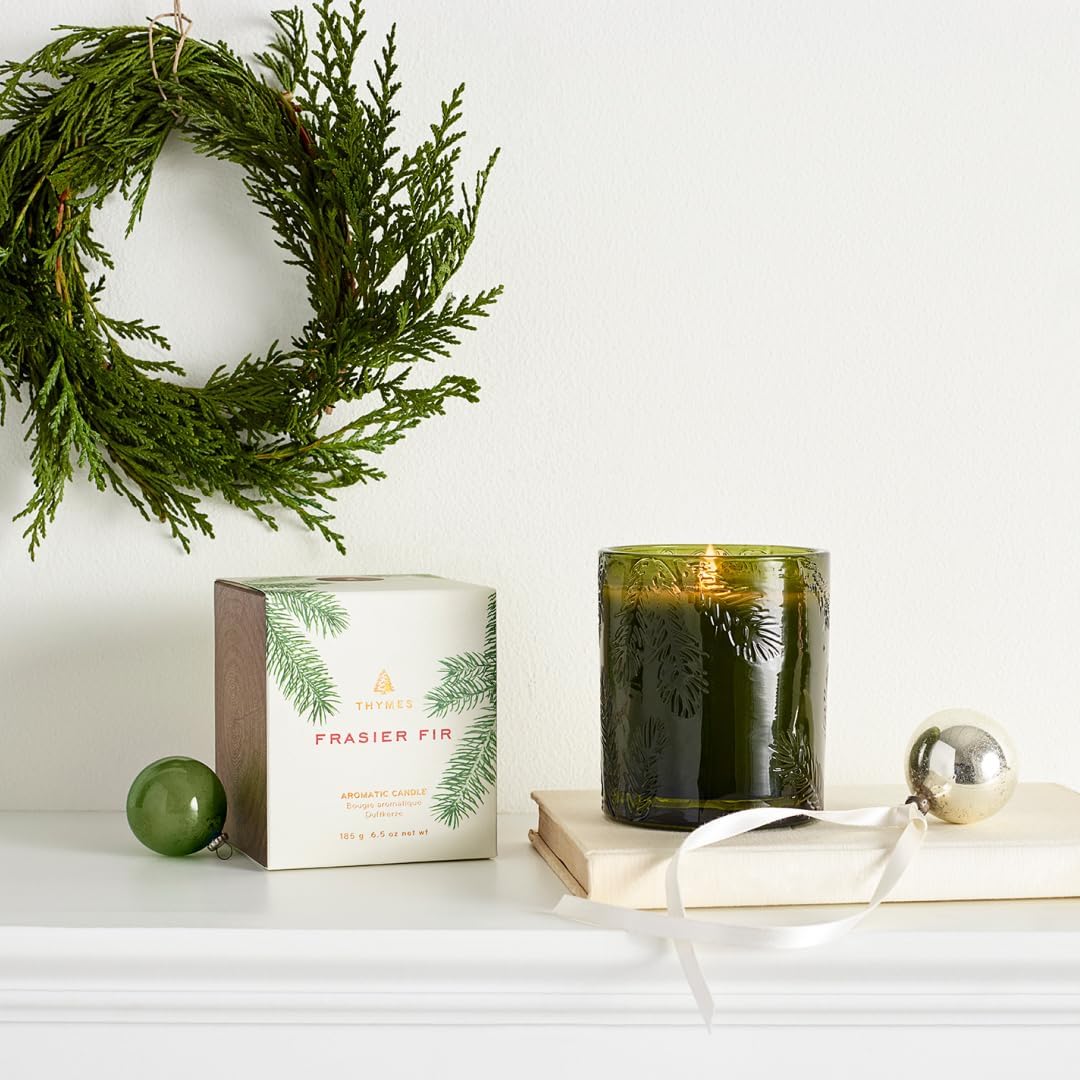 Thymes Frasier Fir Candle - Molded Green Glass Jar with Pine Needle Design - Winter Candle Gifts for Women & Men - Fresh Home Fragrance - Notes of Crisp Siberian Fir, Cedarwood & Sandalwood (6.5 oz) - Image 2