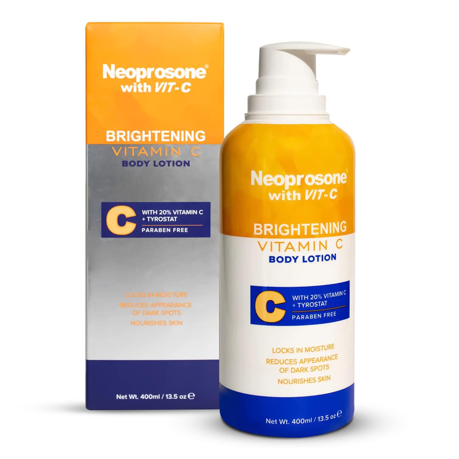 Neoprosone Brightening Body Lotion - 13.5 Fl Oz / 400ml - Formulated to Fade Dark Spots on Elbows, Knees, Neck, Body, and Intimate Parts, with Tyrostat, Shea Butter, Vitamin C, Vitamin E