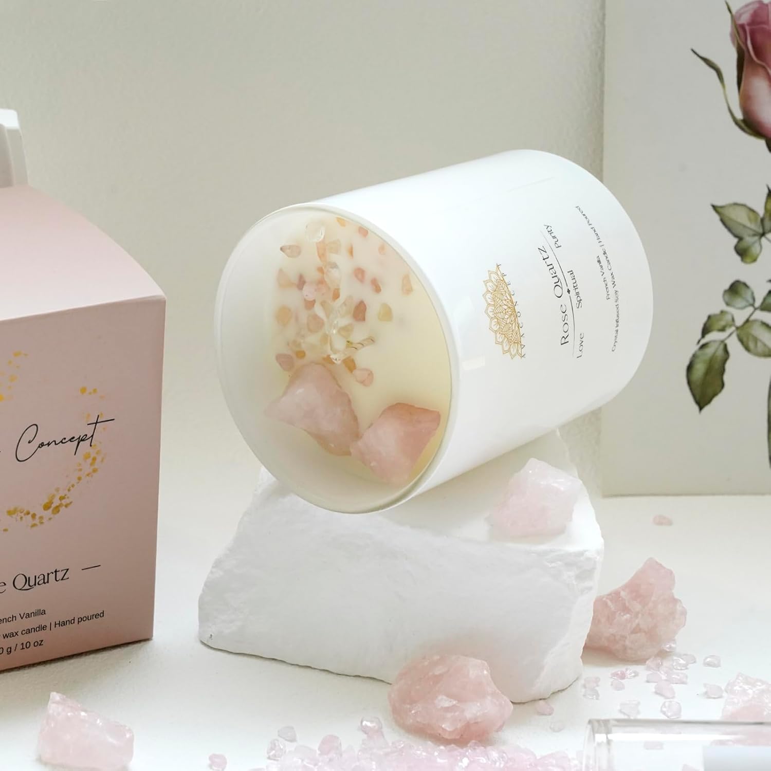 Healing Crystal Candle, French Vanilla Scented Rose Quartz Candle in 10 oz Jar - Natural Crystal for Love and Healing - Elegant Home Decor and Gift Idea - Image 7