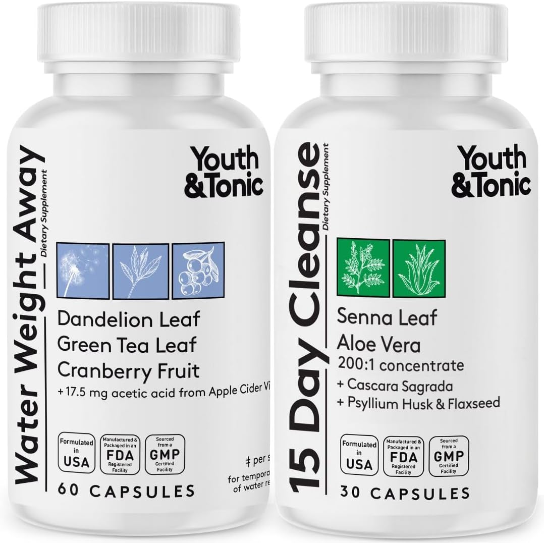 Youth & Tonic Jumpstart Cleanse – Water Weight Away Pills & 15 Day Colon Detox & Gut Cleanser for Bloating, Energy, and Metabolism Support – Aids in Shedding Excess Fluids for a Lighter Body – 90 Caps