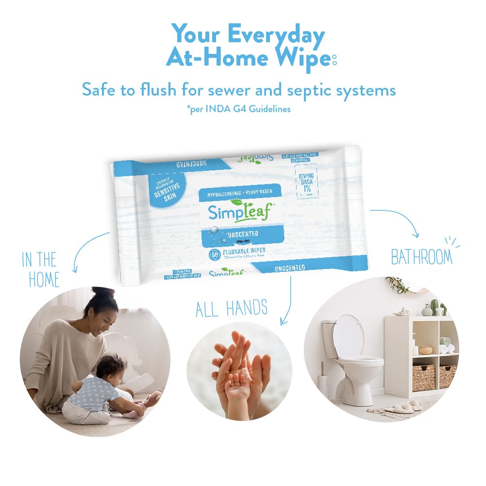 Simpleaf Flushable Wet Wipes 50 Count Unscented Aloe Vera Hypoallergenic Paraben Alcohol Free - Image 3