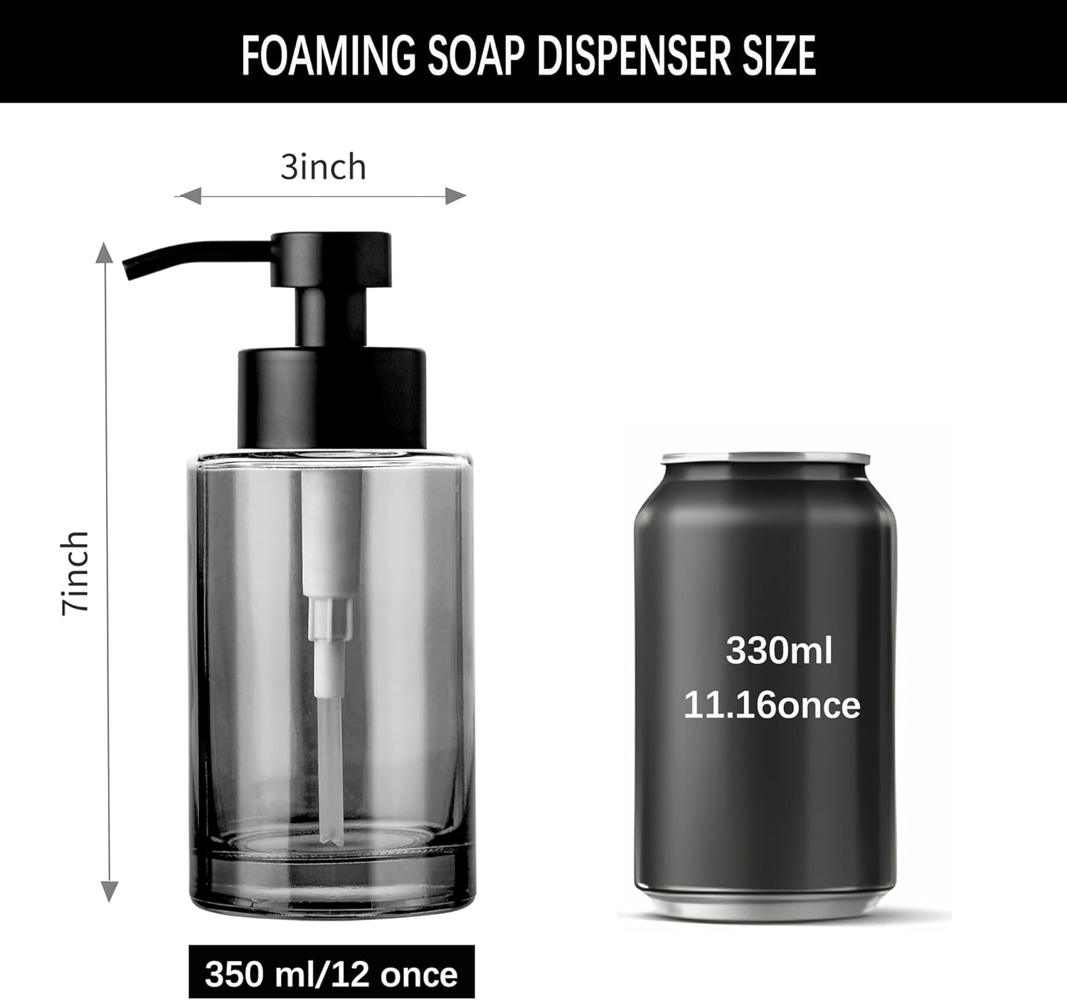 Enra 12oz Black Thick Glass Foaming Soap Dispenser with Stainless Steel Pump - Image 4