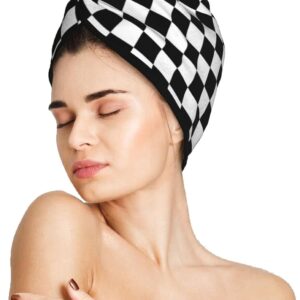 Black and White Checkerboard Hair Towel Wrap Microfiber Fast Drying Hair Turban with Buttons for Women Men Drying Curly, Long & Thick Hair